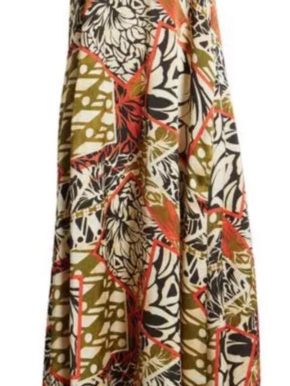 Tahari ASL Olive, Black, Coral & Cream Geometric Floral Maxi Skirt